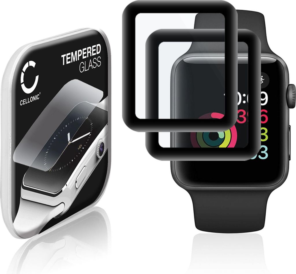 2x CELLONIC 9H Display Schutzglas für Apple Watch 1 / 2 / 3 - 42mm Smartwatch, 3D Full Cover Full Glue Screen Protector Glass, Fitness Tracker Dis...