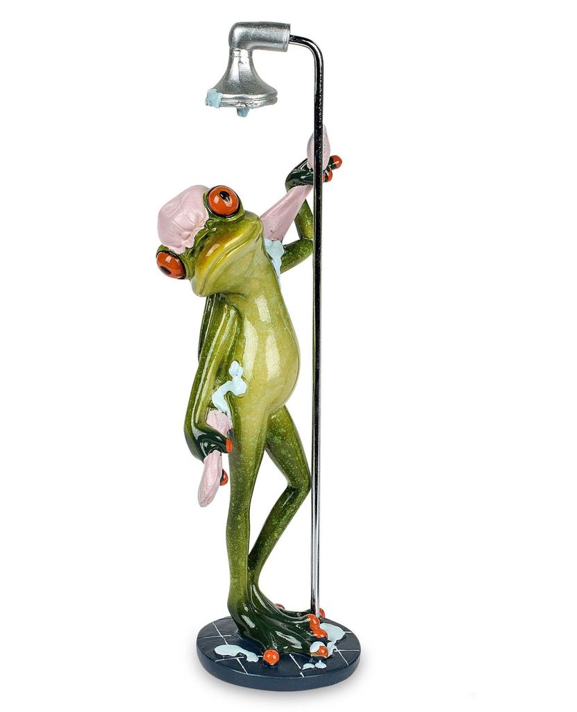 A figurine of a frog showering.