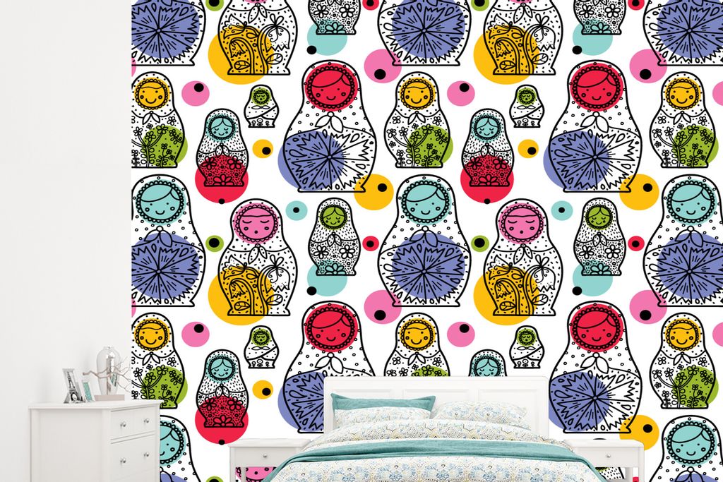 MuchoWow Fototapete für Wohnzimmer oder Schlafzimmer Wandtapete Vinyl Motivtapete Matroschka - Schnittmuster - Baby - 265x240 cm - Zimmer für K...