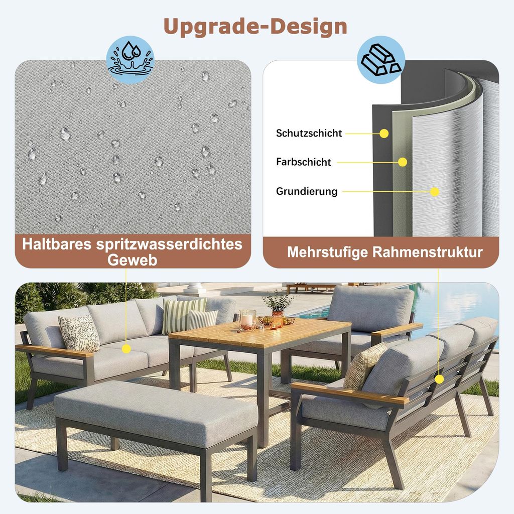 L-förmiges 8-Sitzer Gartensofa Set – Mit 2 Mehrpersonen-Sofas, Bank, Sessel & Holztisch, Grau, Inkl. 10 Cm Kissen