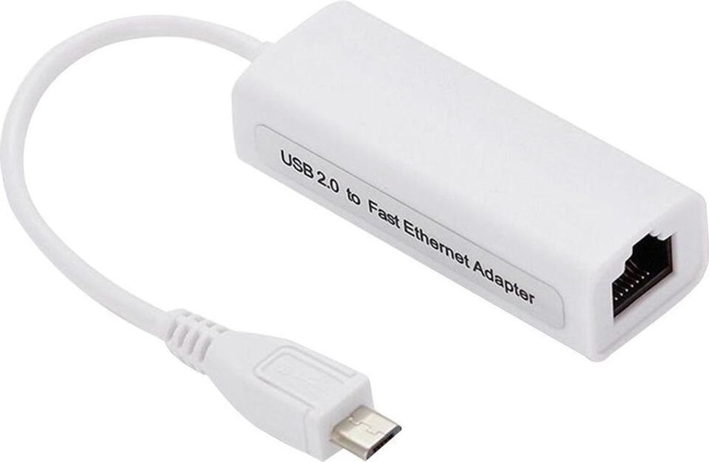 A white USB 2.0 to Fast Ethernet adapter with a micro USB connector.
