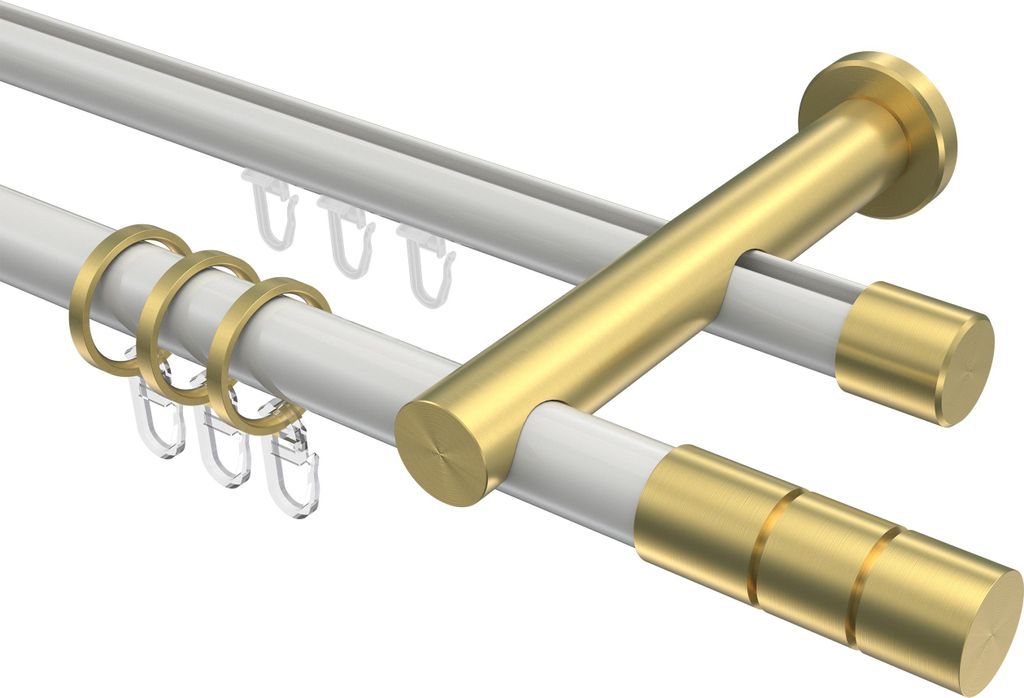 Interdeco Rundrohr-Innenlaufstange / Gardinenstange (Kombination) Weiß / Messing-Optik, Typ Platon Elanto (Rillenzylinder), 20 mm Ø 2-läufig, 60...