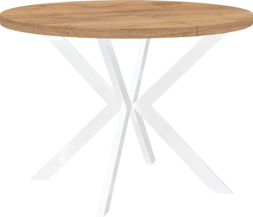 Runder Ausziehbarer Tisch für Esszimmer, ENDIK, mit Metallbeinen, Loft-Stil, Industriel, Durchmesser: 110 / 210 cm, Farbe: Eiche Craft Gold / Weiß