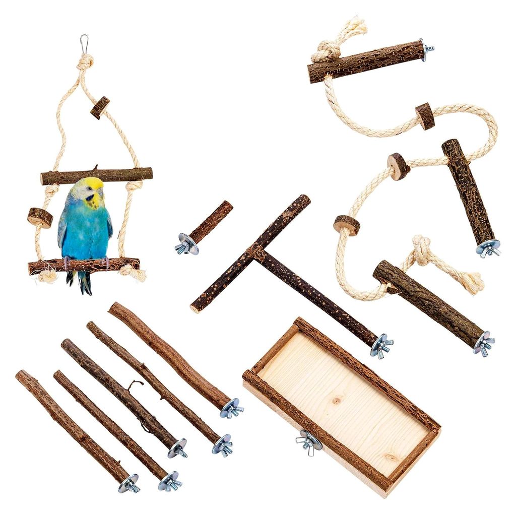 10-teiliges Set mit em Einzelsitzer, Natur Sitzstangen für Vögel, Sitzbrett, Anflugstange und Sitzseil für Wellensittiche und Nymphensittiche | ...