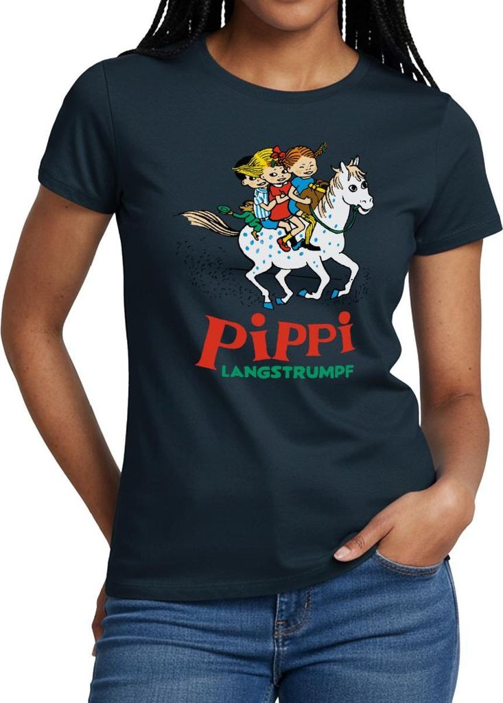 Spreadshirt Pippi Langstrumpf Ausritt Mit Annika Und Tommy Frauen T-Shirt, L, Navy