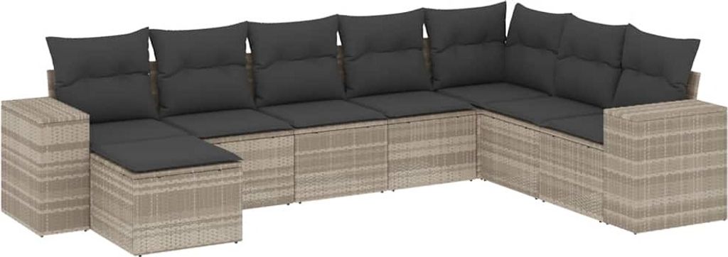 vidaXL 8-tlg. Garten-Sofagarnitur mit Kissen Hellgrau Poly Rattan