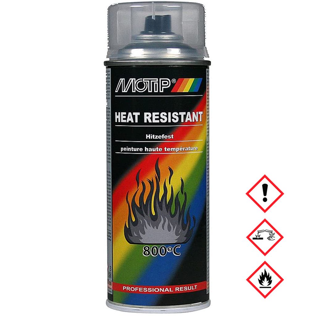 A spray can of heat-resistant paint with flames and temperature rating depicted on the label.