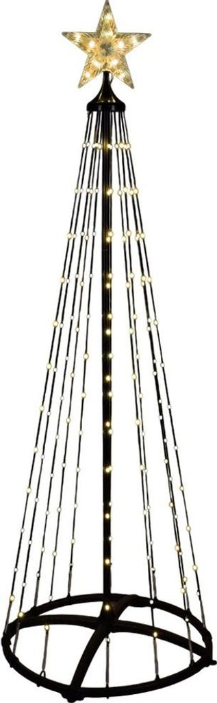 A conical Christmas tree decoration with lights and a star on top, isolated on a white background.