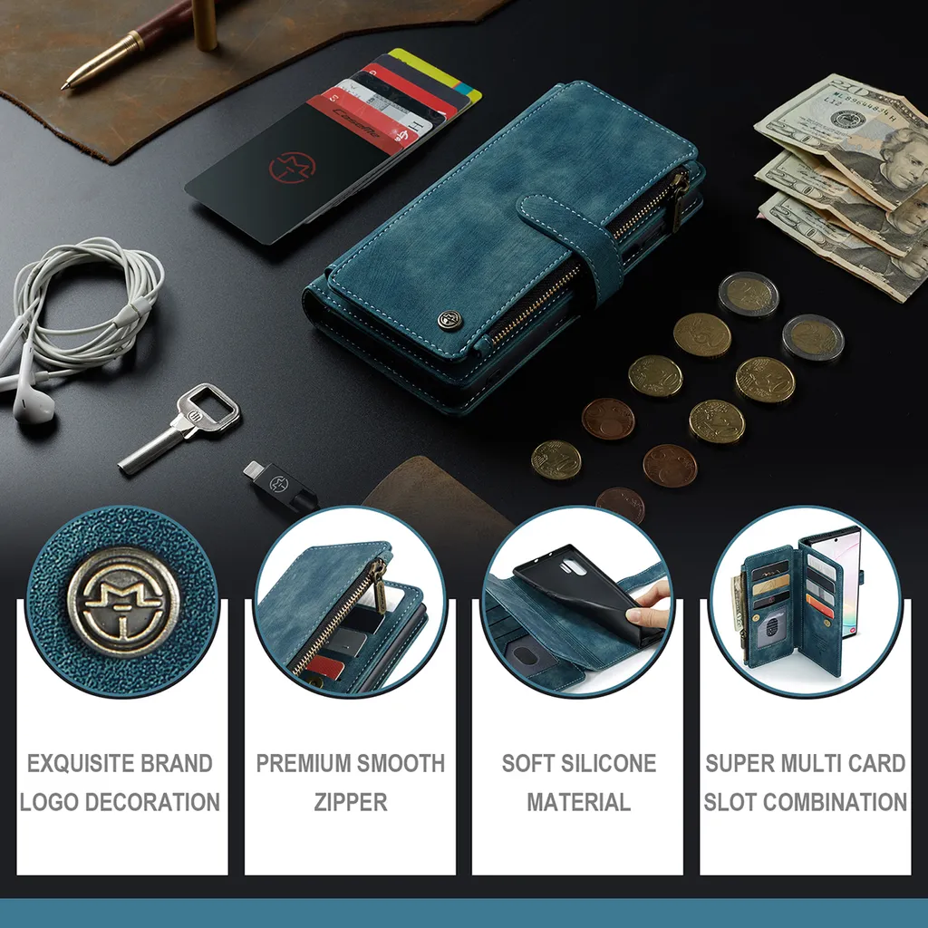 Galaxy Note 10+ Plus custodia per cellulare, chiusura a zip custodia in Finto cuoio flip cover chiusura magnetica porta carte funzione stand portafoglio custodia protettiva per Samsung Galaxy Note 10 Plus / Note 10+ Blu - 4
