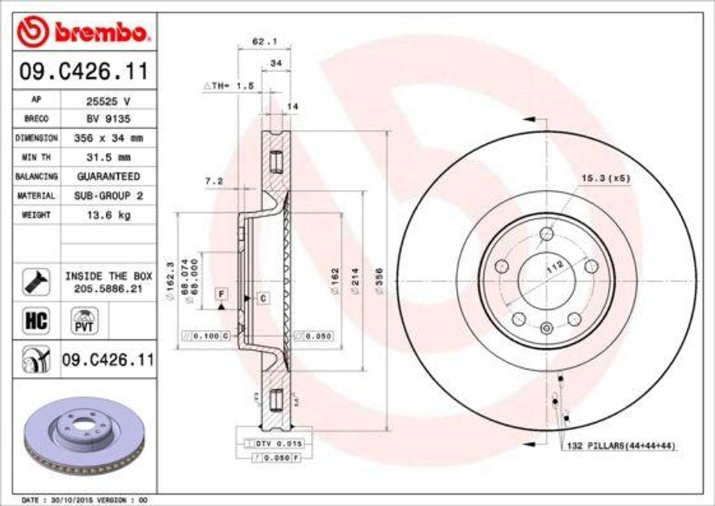 BREMBO 09.C426.11 Bremsscheibe OE 4G0615301AC kompatibel mit A6 4G