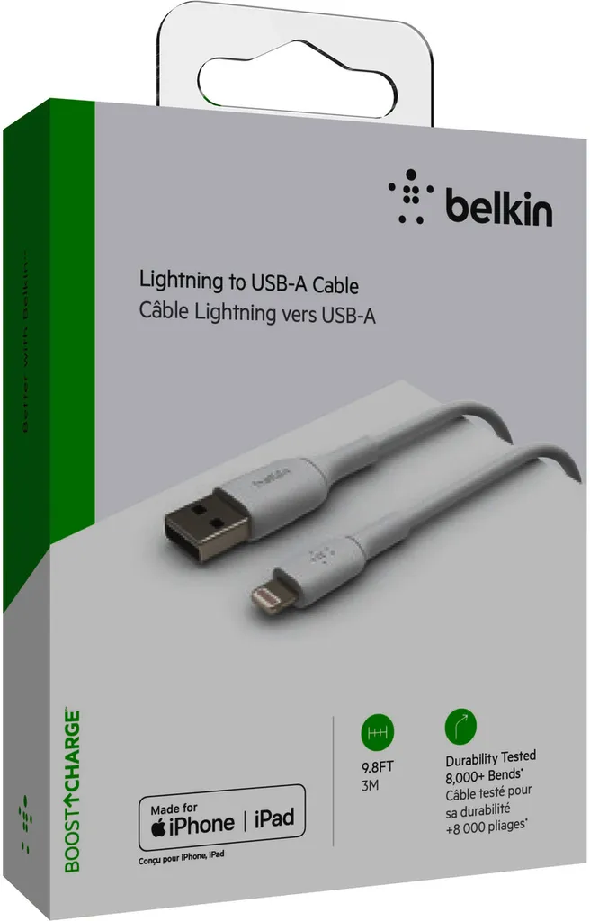 Câble Lightning Belkin 3m Bleu - Charge robuste pour iPhone 8 à 11 Pro Max