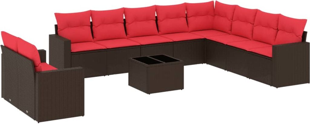 vidaXL 11-tlg. Garten-Sofagarnitur mit Kissen Braun Poly Rattan