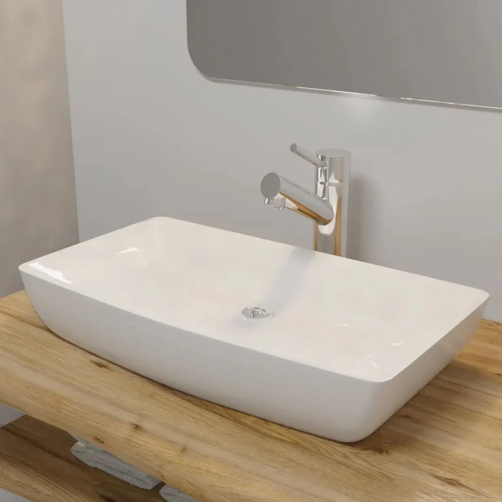 Lavabo Appoggio Ceramica 71x39 cm Rettangolare - Bianco Lucido