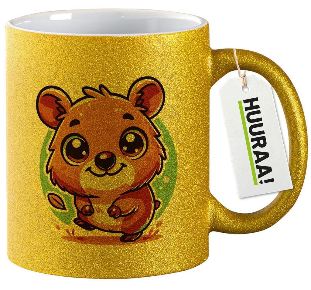 Huuraa Glitzertasse Quokka Comic 330ml Gold Keramik Kaffeebecher Geschenkidee
