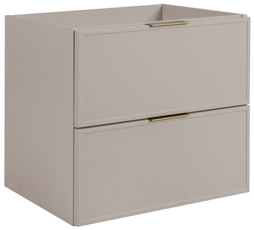 A light gray cabinet with two drawers and gold handles, shown from a slightly angled front view.