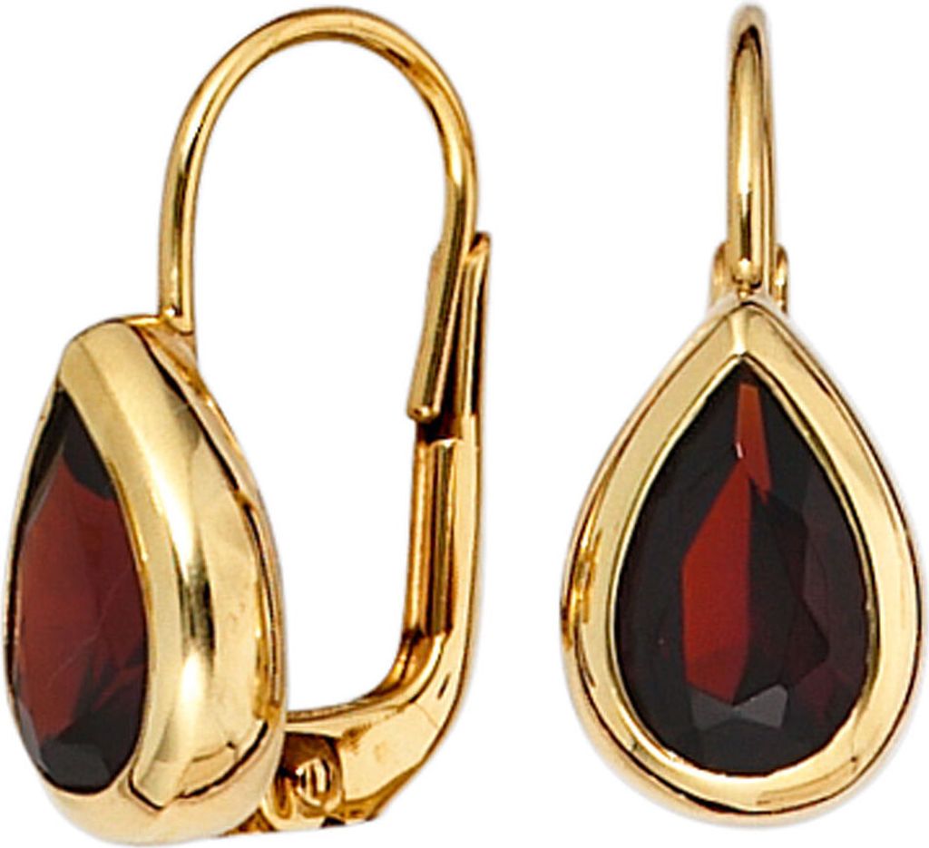 Ohrringe Boutons Granat rot dunkelrot tropfenförmig 375 Gold Gelbgold