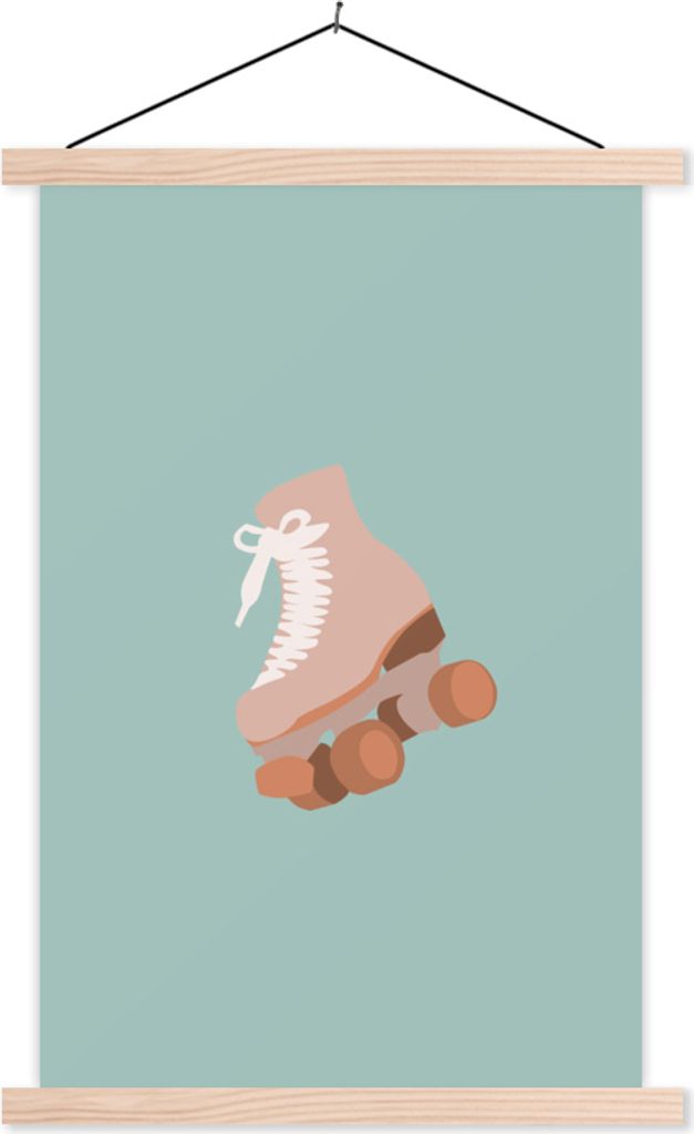 MuchoWow Textilposter Sommer - Rollschuh - Rosa 120x180 cm mit holzfarbenen Rahmen - Textil-Plakat