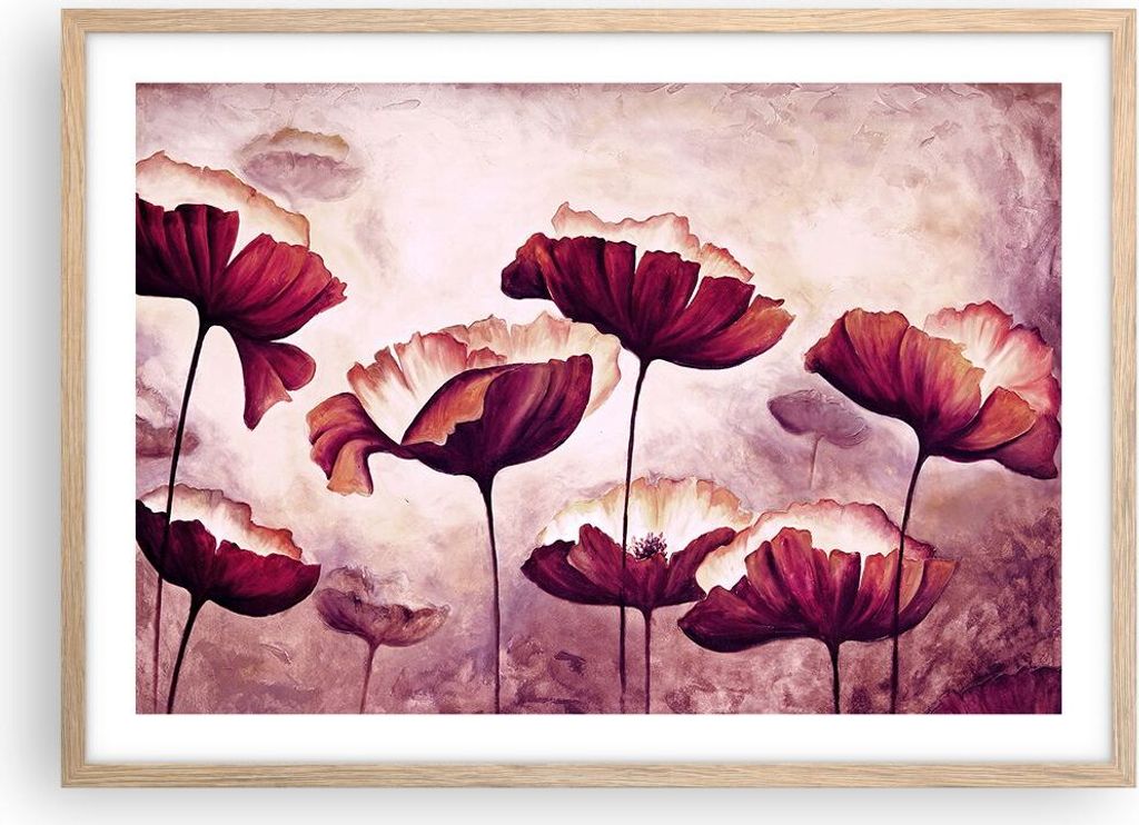 Gerahmtes Poster - Rahmen in heller Eiche - Mohn Blume Wiese - 70x50 cm - Wand Bild - Wanddeko - Wandbilder - Kunstposter - Wandposter - Bilderrahm...