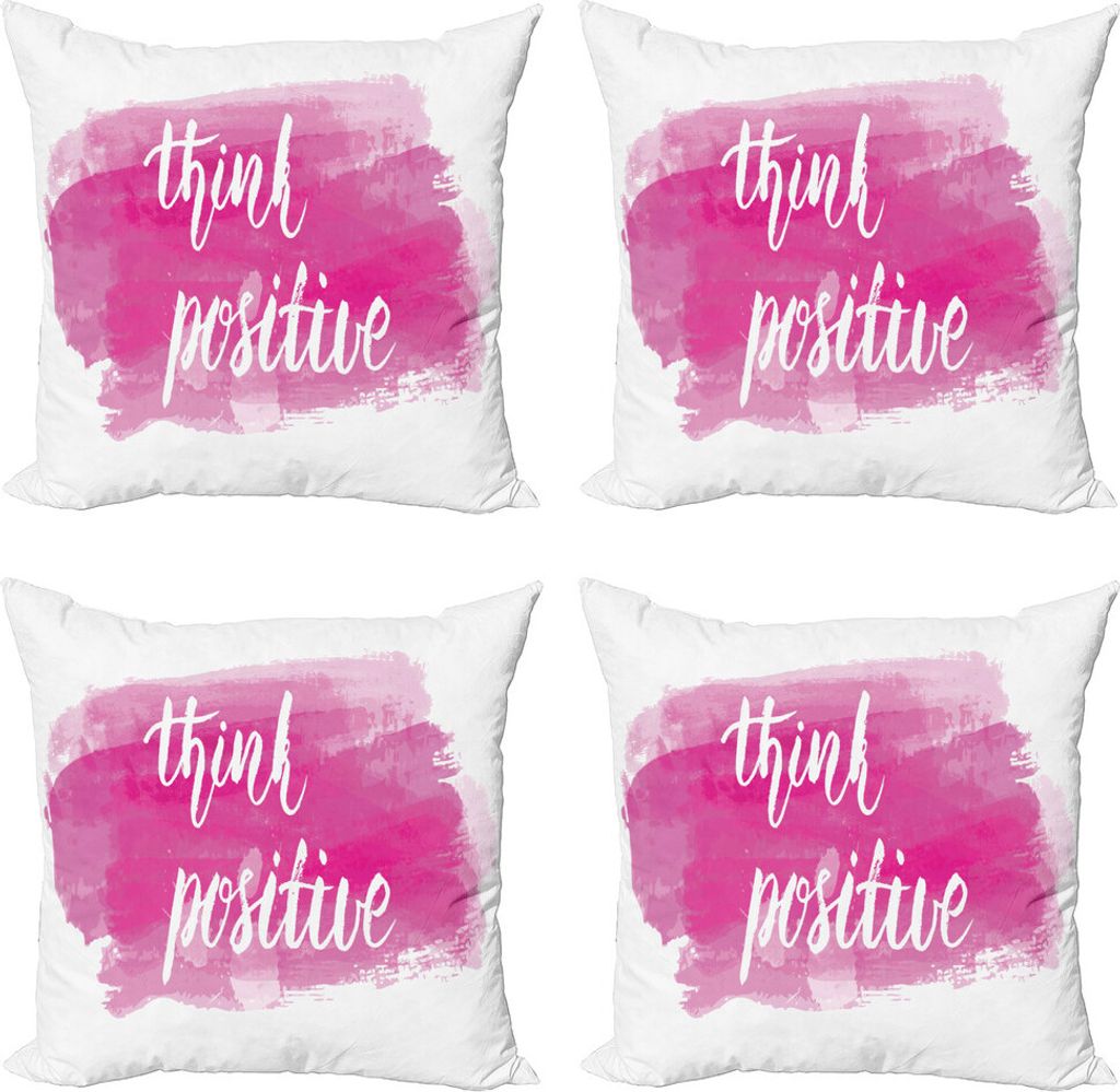 ABAKUHAUS Positive Energie Kissenbezug Set (4 Stück), Kalligraphie auf Rosa, Moderner Doppelseitiger Digitaldruck, 50 cm x 50 cm, Pink und Weiß