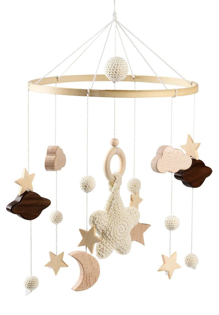 Baby Mobile fürs Babybett - Holzmobil - Gehäkeltes Design - Wolken, Mond & Sterne - Filzkugeln - Handgefertigt, organisches Material - Dunkelkhaki