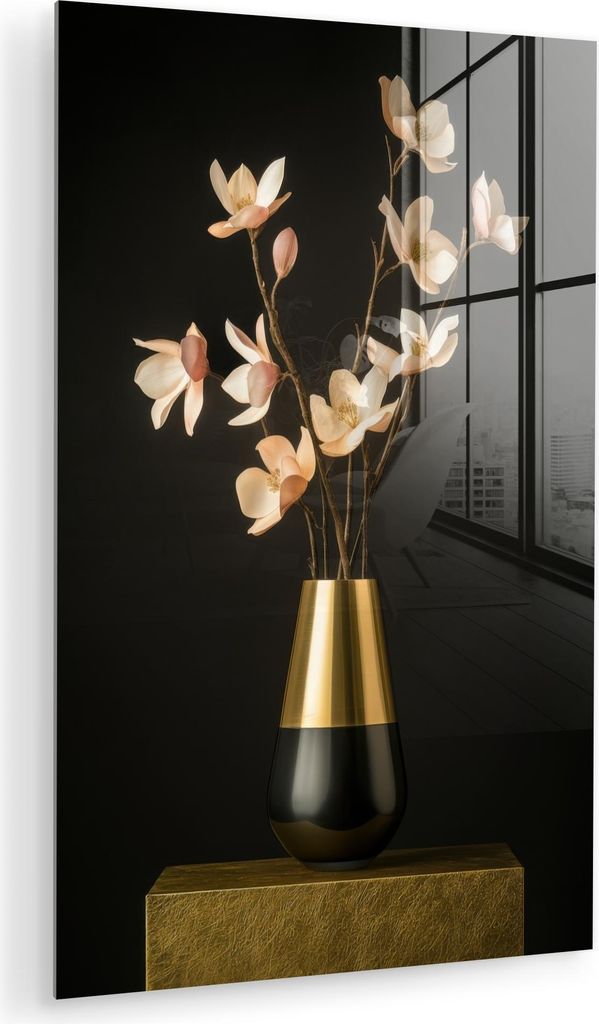 MuchoWow Glasbilder - Bilder auf Wandbild - Foto auf Glas Verschnörkelt - Blumenstrauß - Gold - Vase 20x30 cm Wanddekoration aus Glas - Acrylglas...