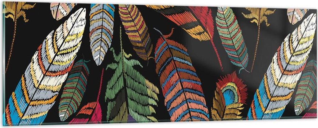 Bilder auf glas - Einteilig - Federn Bunt Stickerei - 90x30cm - Glasbilder - Wandbilder - Bilder - zum Aufhängen bereit - Wanddekoration aus Glas ...
