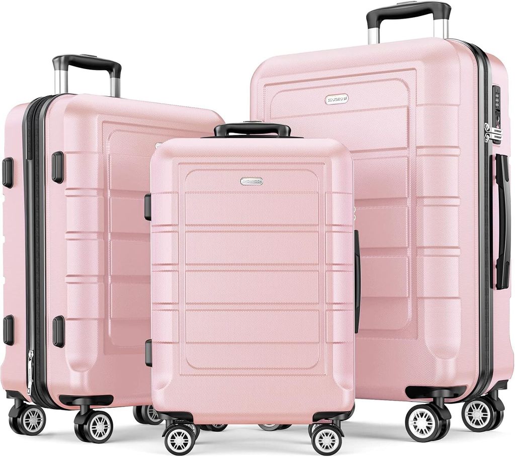 Kofferset 3 Teilig Hartschale Leicht ABS+PC Erweiterbar Reisekoffer Haltbar Trolley Handgepäck Sets mit TSA Schloss und 4 Rollen (M L XL -Rosa)