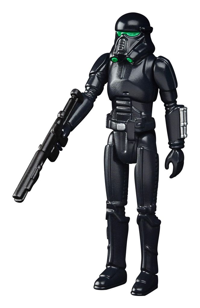 A black Imperial Death Trooper action figure with green accents on its helmet and chest, holding a rifle.