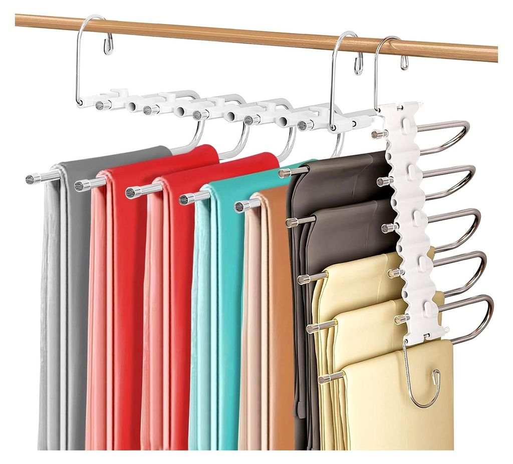 Hosenbügel Platzsparend, 2 Stück 5 in 1 Edelstahl Kleiderbügel Hosen, Hosenkleiderbügel, rutschfest Mehrfach Bügel Hosenkleiderbuegel für Hos...