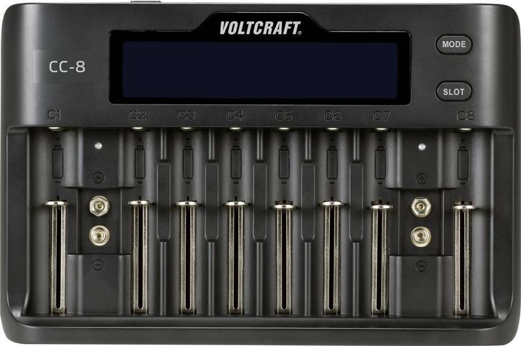 A black battery charger with multiple slots and a digital display.