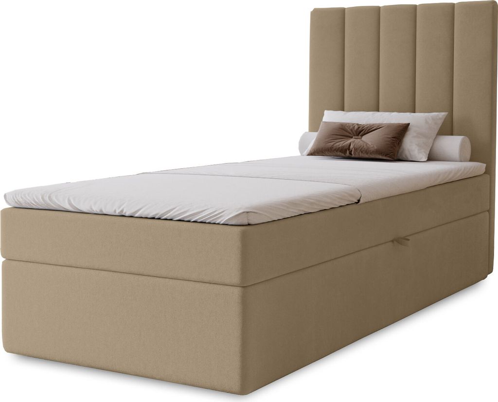 Boxspringbett Nero mit Bettkasten, 90x200, Farbe: Creme, Velourstoff, Doppelbett mit Bonell-Matratze inkl. Topper