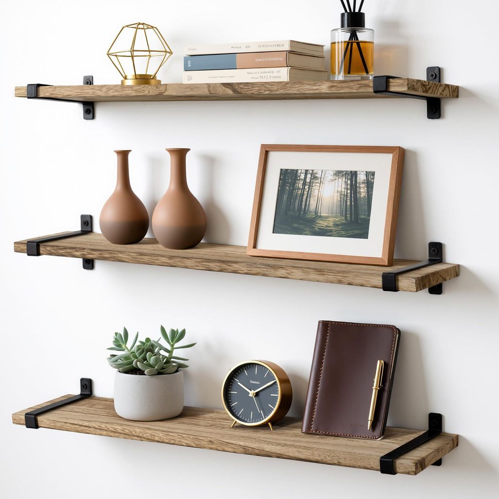 Wandregal aus Holz, 3er-Set, schwebende Wandregale, abnehmbare Ablagen, kein Bohren erforderlich, Küchenregal für Küche, Bad, Wohnzimmer, Büche...