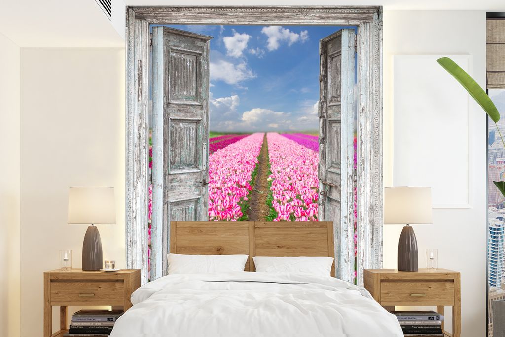 MuchoWow Fototapete für Wohnzimmer oder Schlafzimmer Wandtapete Vinyl Motivtapete Blumen - Tulpen - Ansicht - Regenbogen - 175x240 cm - Schlafzi...