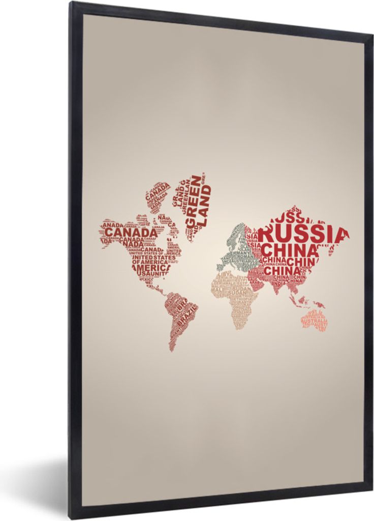 MuchoWow Gerahmtes Poster Karte - Welt - Briefe 40x60 cm - Poster mit Schwarzem Bilderrahmen Wandposter Rahmen Foto Bilder - Papierdruck - Wandbi...