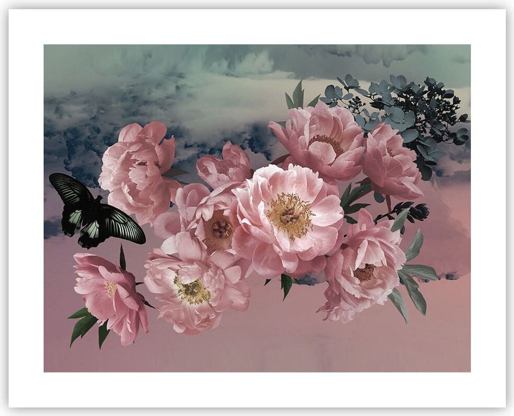 Poster - Poster ohne Rahmen - Blumen Schmetterling Wolken - 50x40 cm - Wand Bild - Wanddeko - Wandbilder - Kunstposter - Wandposter - Bilder - Kuns...