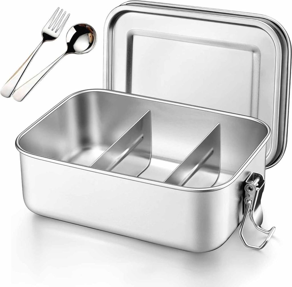 Zbssny Brotdose Edelstahl 850ml mit Fächern Besteck für Kinder Erwachsene Auslaufsichere Lunchbox, Spülmaschinenfest Ideal für Schule, Büro Un...