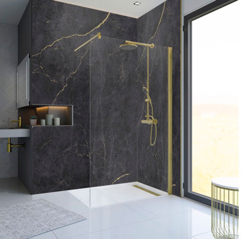 Walk In SCHULTE Alexa Style 2.0 ExpressPlus 100 cm Profil gold Klarglas schmutzabweisende Glasbeschichtung Reversibel