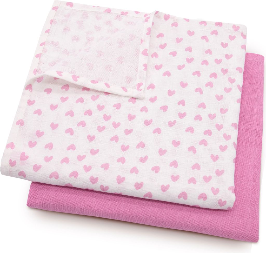 2er Set Spucktücher, 120x120 cm, 100% Baumwolle, weiß / rosa mit Herzen