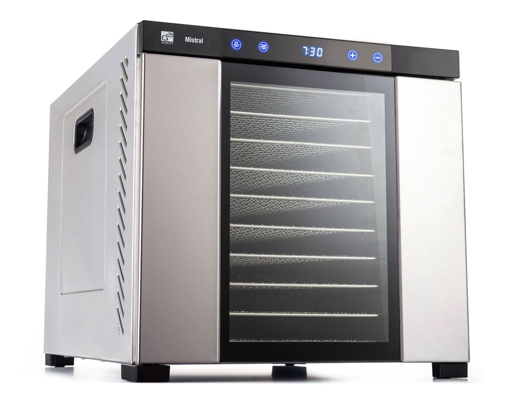 A stainless steel food dehydrator with a glass door and digital display, shown against a white background.