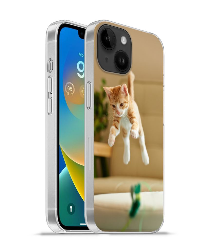 MuchoWow Handyhülle Schutzhülle Hülle für Apple iPhone 14 - Softcase Katze - Springen - Spielzeug Silikon Softcase Handy Hülle - Mobiltelefo...