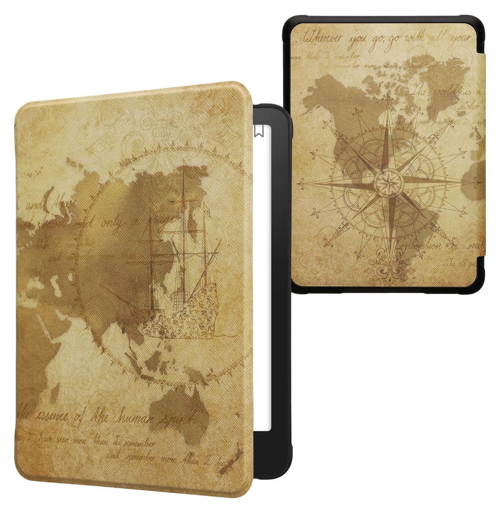 kwmobile Schutzhülle für Amazon Kindle Paperwhite (2024)/Colorsoft Hülle - eReader Flip Case mit Auto Sleep Funktion - Travel Vintage mit Braun