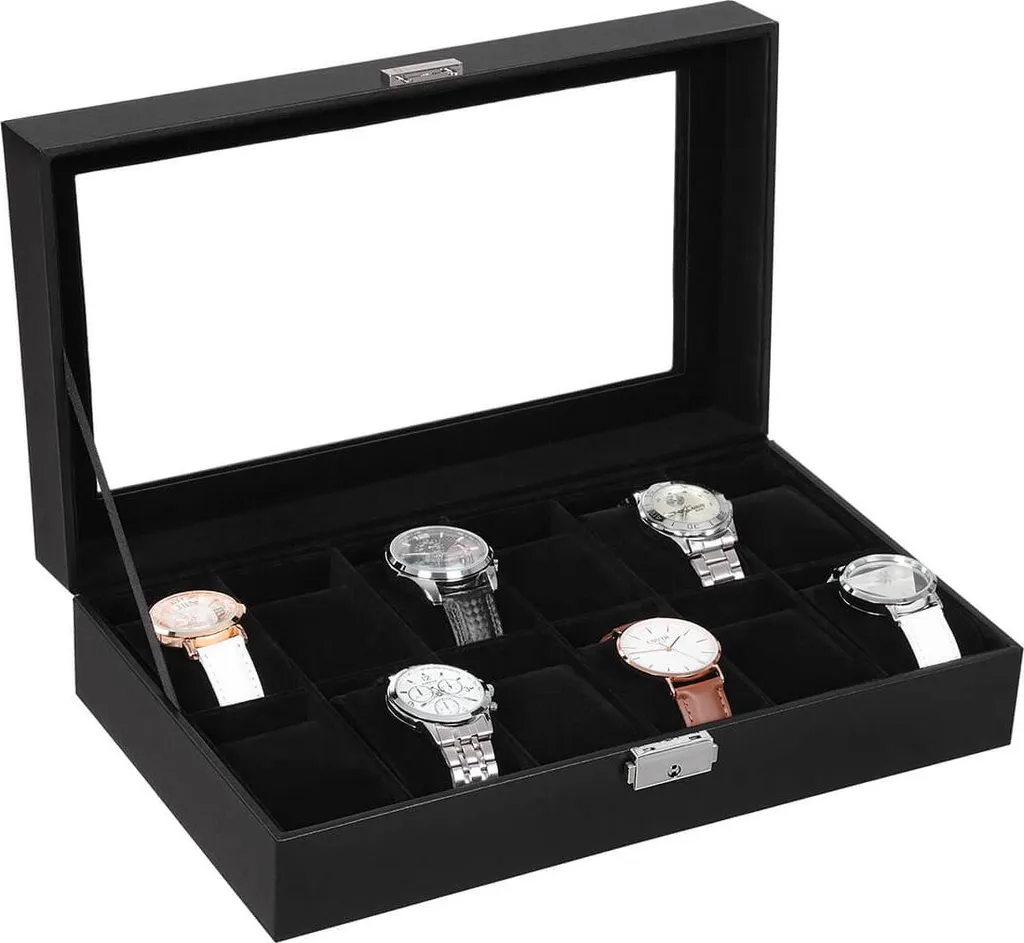 Coffret 12 montres avec couvercle en verre et intérieur suédine douce