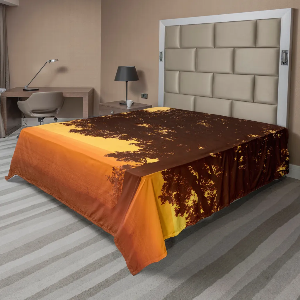 Drap Plat Doux Anti-Pli Motif Arbre Brumeux 275 x 260 cm Orange Brun