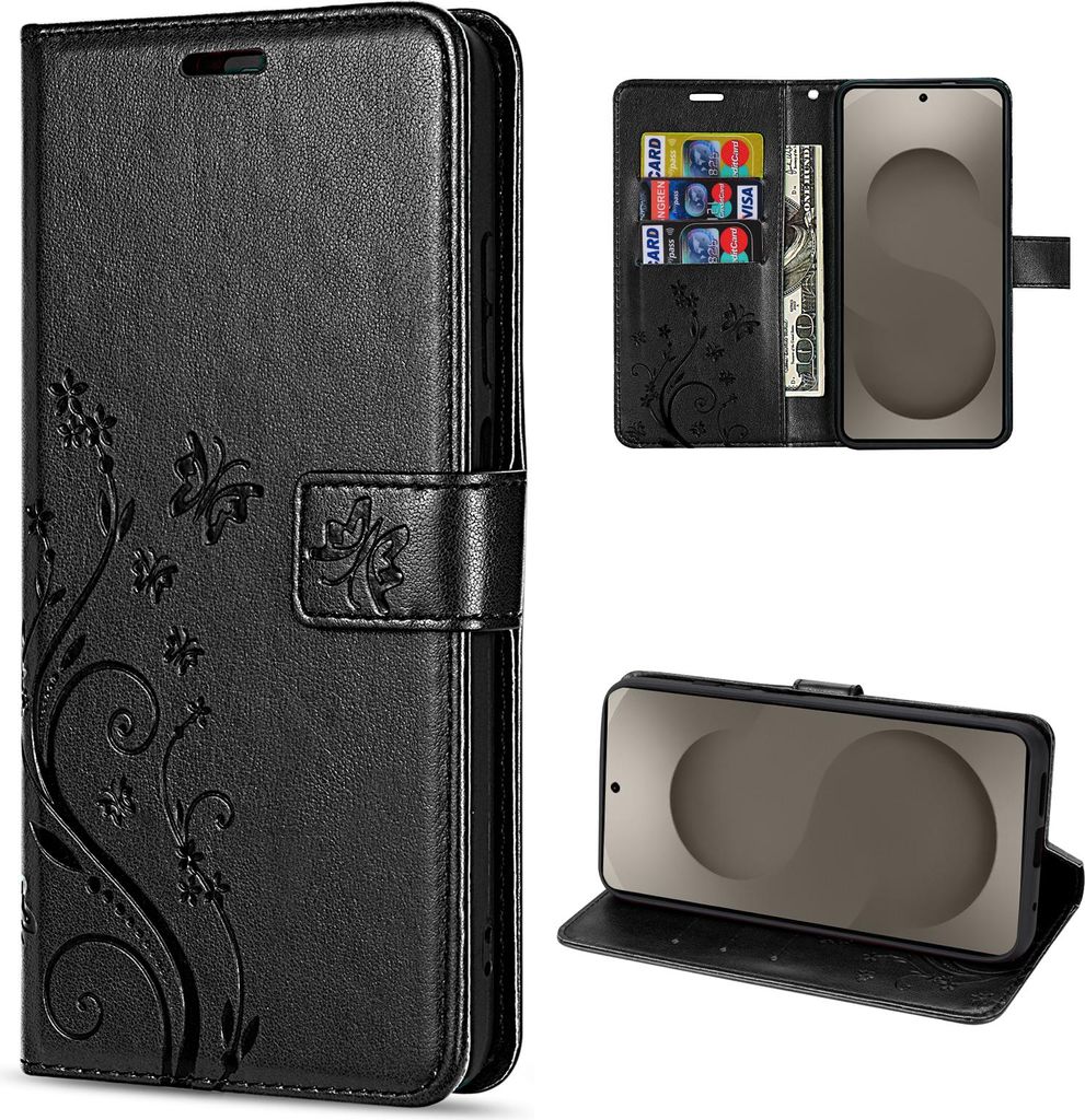 Hülle für Samsung Galaxy S26 5G Handyhülle Wallet Case Kartenfächern Blume Schwarz