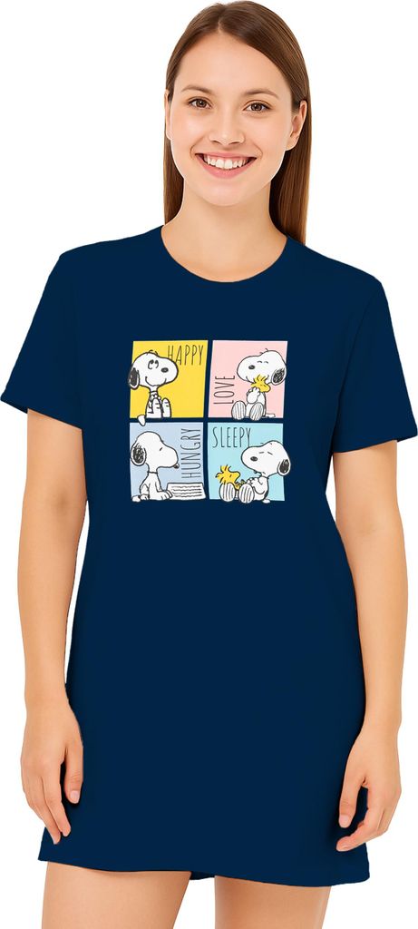 The Peanuts Snoopy Nachthemd für Damen - Schlafshirt Pyjama Kurzarm Oberteil Blau XL