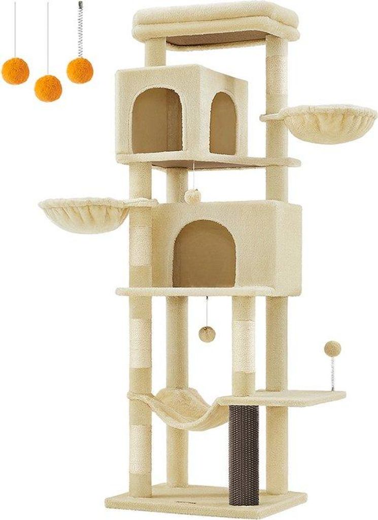 Große Katzenklippe - Hochkarätiger Katzenturm - Kletterfelsen - Met Sisal umwundene Leiter - 175cm x 57cm x 45cm - Sandbeigefärbter Weichplüsch