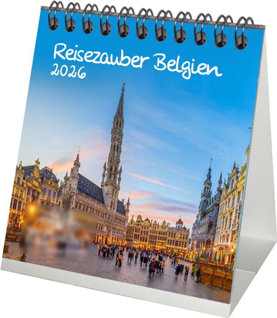 Reisezauber Belgien Tischkalender 10cm x 10cm für 2026 Urlaub Brüssel Tulpen - Inhalt: 1x Kalender 1x Weihnachtsanhänger 1x Grußanhänger (gesa...