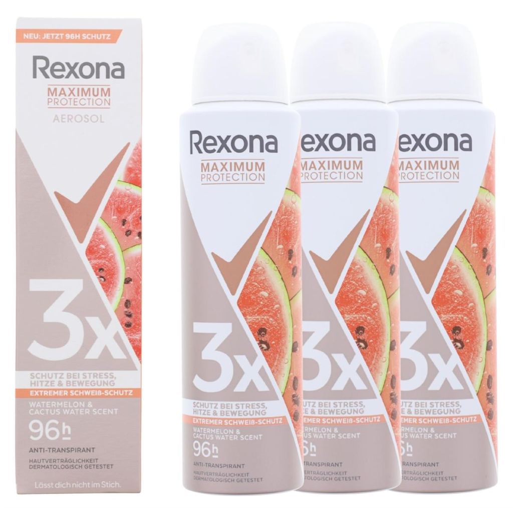 3 x Rexona Maximum Protection je 150ml Wassermelone & Kaktuswasser Duft Anti-Transpirant Deo Spray
