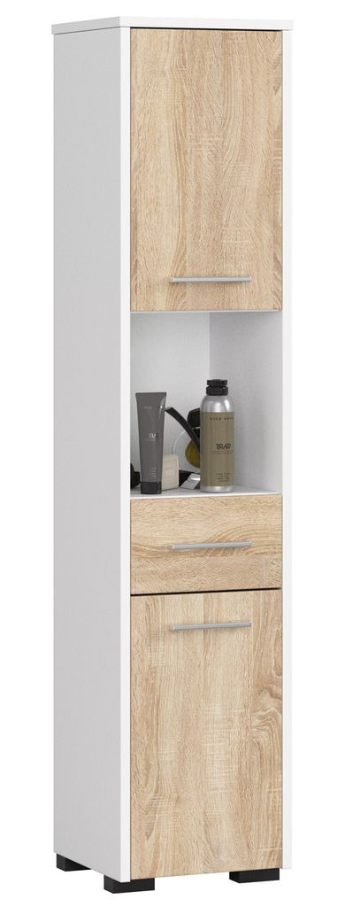 Freistehender Badezimmerschrank: eine Schublade, zwei Türen, fünf Einlegeböden, Farbe: Weiß | Sonoma-Eiche, Möbelmaße: B: 30 cm, H: 140 cm, T...