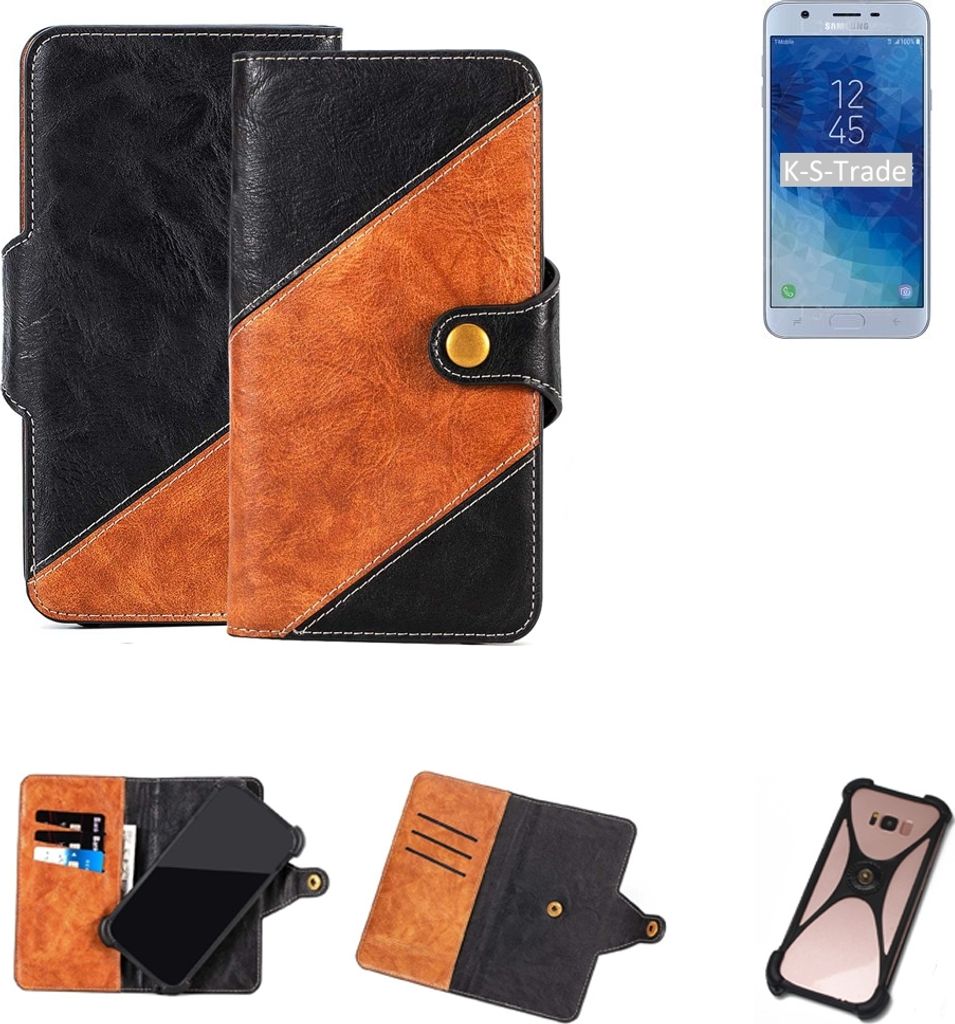 K-S-Trade Handyhülle Schutzhülle Bookstyle Case Wallet-Case kompatibel mit Samsung Galaxy J7 Star Handy Cover Bumper Klapphülle schwarz hellbraun